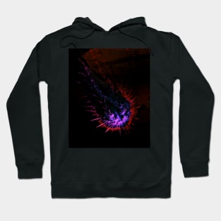 Digital collage and special processing. Fist full of spikes. Horror, bizarre. Dark and glowing. Red and blue. Hoodie